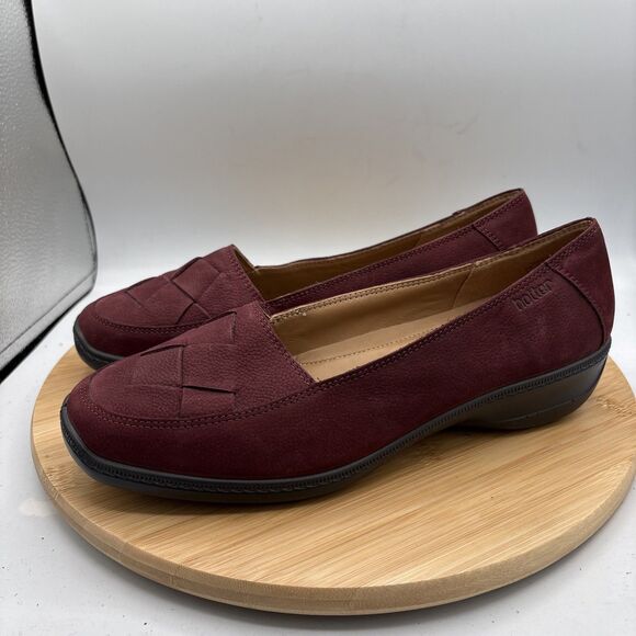 Hotter Havana Women's US 10 Low Wedge Loafer Burgundy Nubuck Woven Leather Toe - Picture 4 of 11